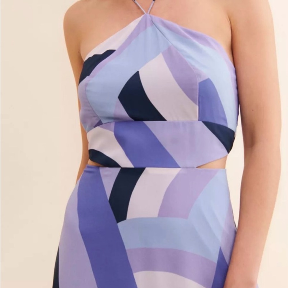 Hutch Strapless Halter Dress in Lavender, Light Blue & Navy Geometric Print